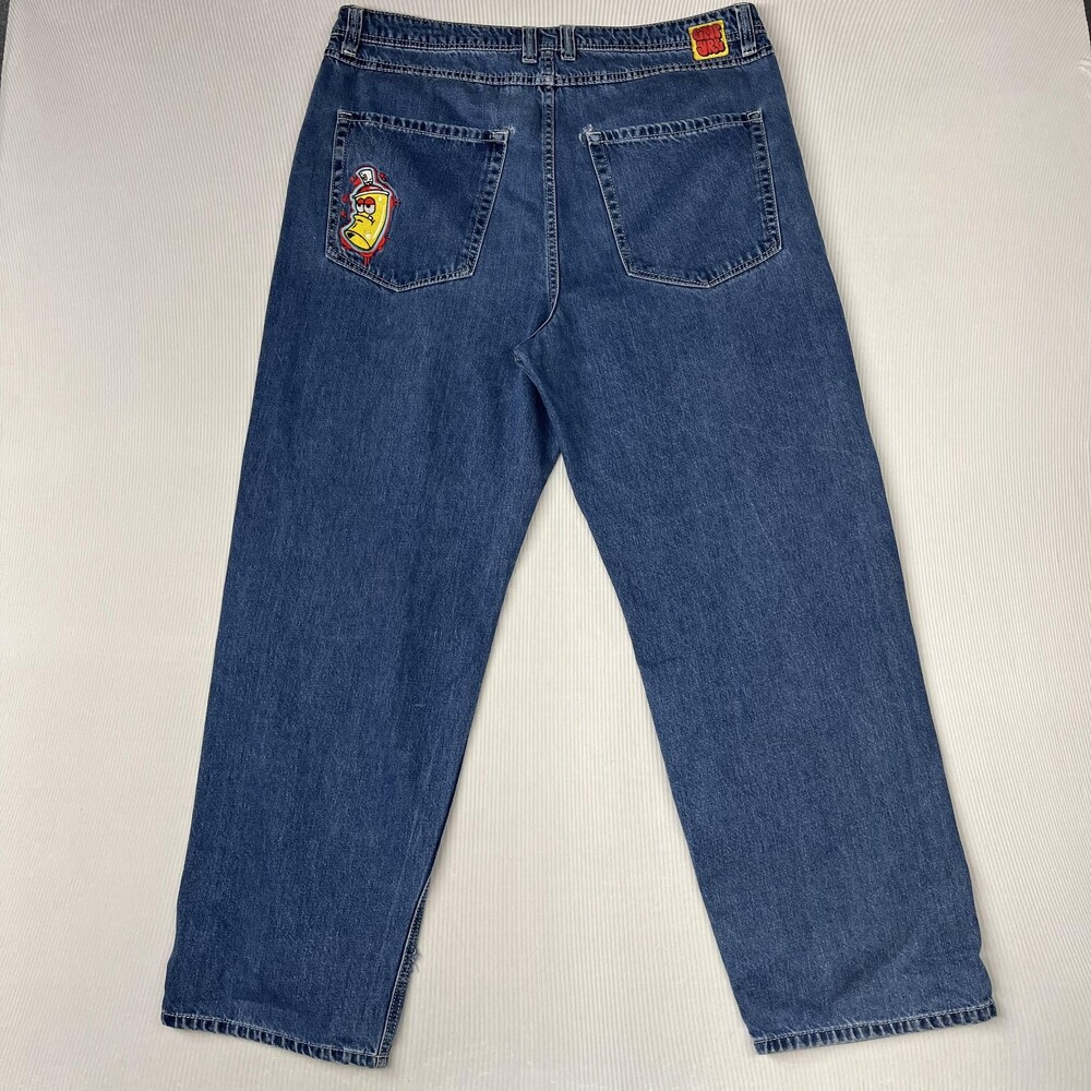 Empyre Jeans Mens 36x30 Blue Relaxed Straight Leg Cartoon Patch Denim Graphic